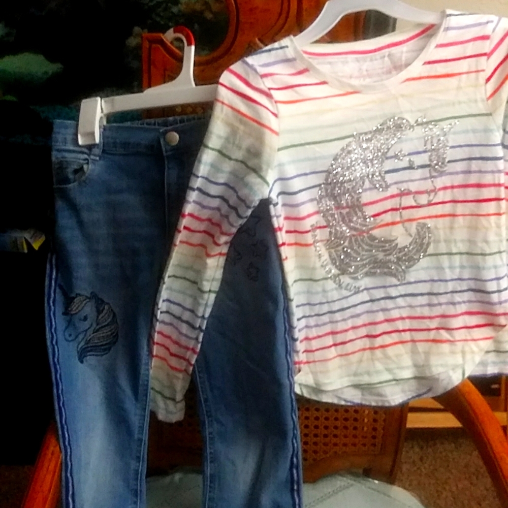 A set shirt and pants. Pants size 7 shirt size 7/8 little girls. (used)